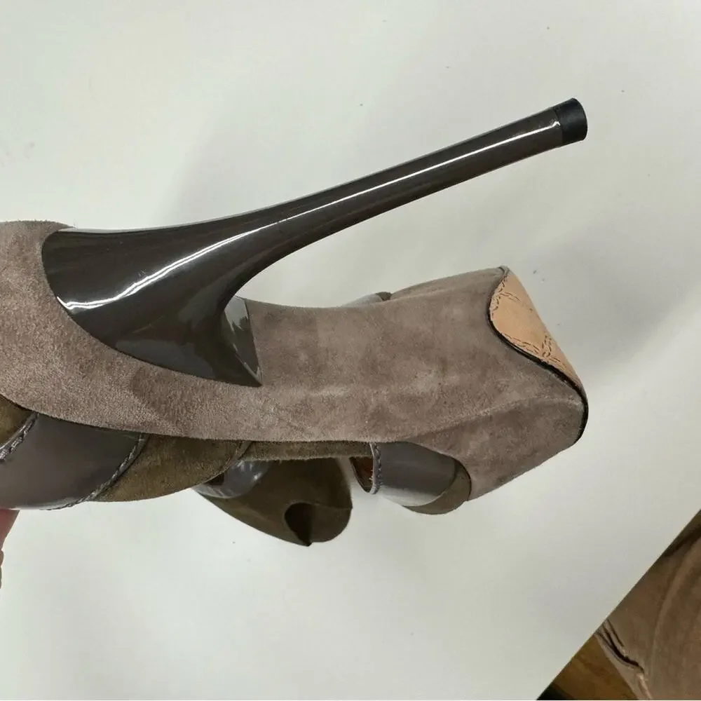 L.A.M.B. Olive Green & Grey Leather Contrast Stiletto Heels Womens 6 Y2K Suede